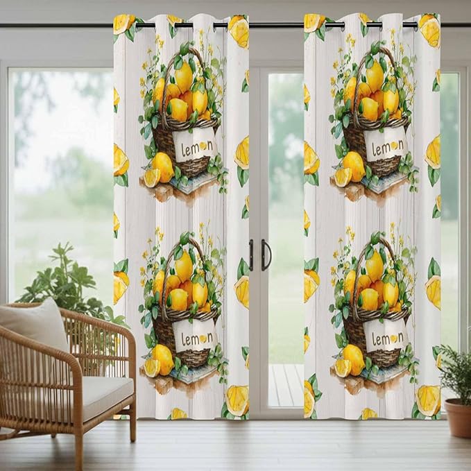 Lemon Outdoor Curtains for Patio Lemons Baskets Summer Tropical Plant Wood Waterproof Outside Curtains with Grommet Top Weatherproof Curtain for Cabana Pergola Gazebo, 2 Pack, 54" W x 84" L