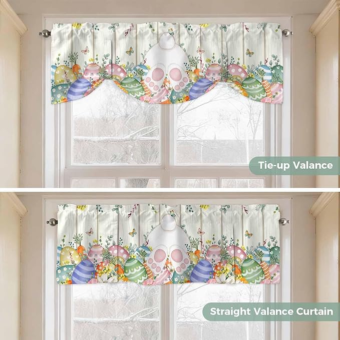 Easter Tie Up Valance Curtains for Windows, Kitchen Curtains Window Shades, Spring Rabbit Ears Foot Colorful Eggs Leaf Floral Light Filtering Roman Curtain Valances for Bedroom/Bathroom/Cafe 42"x12"