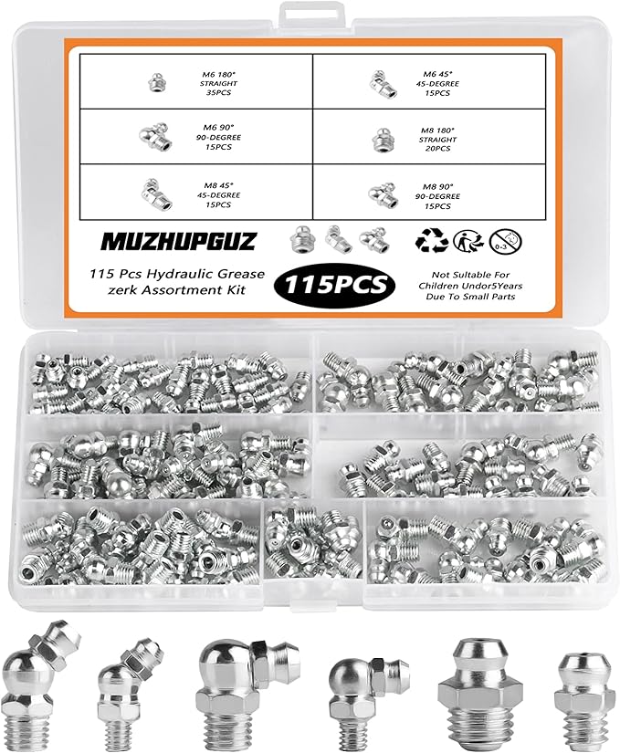 115 Pcs Metric Grease Fittings Kit - Hydraulic Zerk Assortment With 45, 90, 180 Degree Gun Fittings - M6, M8, M10 Straight and Angled Zerks for Mechanical Lubrication