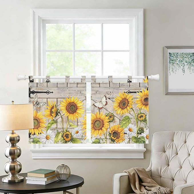 Farm Flowers Kitchen Curtains 24 Inch Length, Small Window Curtains Tab Top, Retro Sunflowers Barn Doors Butterfly Wood Board Light Filtering Short Window Treatments Tier Drapes 27.5"x24" 2 Panel