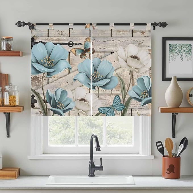 Teal Blue Tulips Kitchen Curtains 45 Inch Length, Short Cafe Window Curtains Tab Top, Spring Floral Barn Doors Vintage Wood Beige Light Filtering Window Treatments Tier Drapes 27.5"x45" 2 Panel