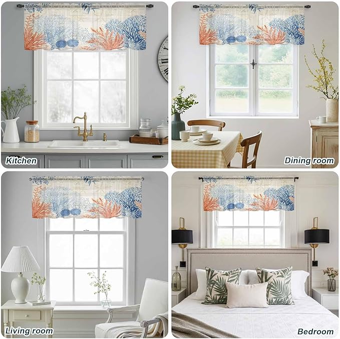 Ocean Corals Sheer Valance Curtains, Summer Beach Coral Sea Stars Retro Texture Light Filtering Kitchen Valances Rod Pocket Voile Curtain Window Treatment for Bedroom/Living Room/Basement 42Wx12L