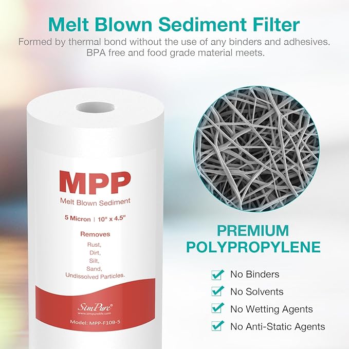 SimPure Sediment Water Filters, 5 Micron 10" x 4.5" Whole House Water Filter Replacement Compatible for W15-PR, DGD-5005, FP15B, HD-950A, GXWH35F, GXWH30C for Well Water, 4 Pack