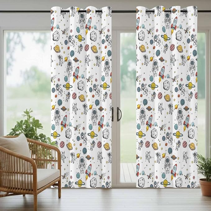 Cartoon Space Outdoor Curtains for Patio Astronauts Spacecraft Rockets Waterproof Outside Curtains with Grommet Top Weatherproof Curtain for Cabana Pergola Gazebo, 1 Panel, 54" W x 95" L