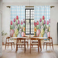 Easter Window Curtains 72 Inch Long 2 Panel Set,Rod Pocket Long Curtains & Drapes,Spring Bunny Colorful Eggs Tulip Flowers Blue Check Light Filtering Window Treatment for Bedroom 52"W x 72"L