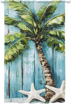 Sheer Curtains 108 Inches Long, Coastal Beach Starfish Semi Sheer Curtains Light Filtering Window Treatment, Blue Green Tropical Palm Tree Wood Grain Privacy Voile Drapes for Living Room 52x108 Inch