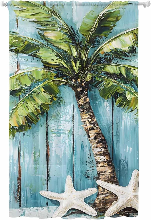 Sheer Curtains 84 Inches Long, Coastal Beach Starfish Semi Sheer Curtains Light Filtering Window Treatment, Blue Green Tropical Palm Tree Wood Grain Privacy Voile Drapes for Living Room 52x84 Inch