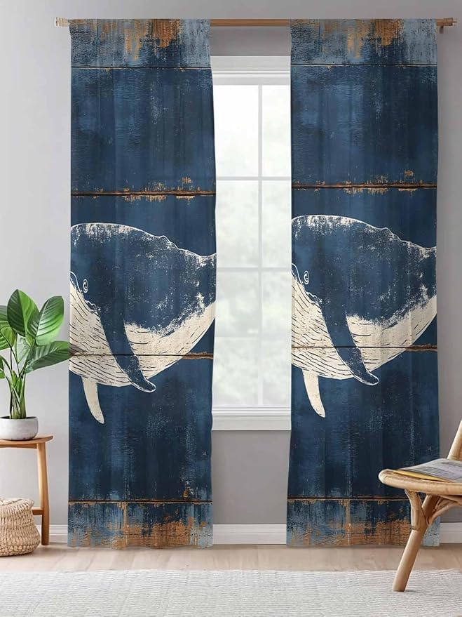 Sheer Curtains 84 Inches Long, Summer Whale Blue Semi Sheer Curtains Light Filtering Window Treatment, Coastal Ocean Vintage Wooden Grain Privacy Voile Drapes for Living Room Bedroom 52x84 Inch