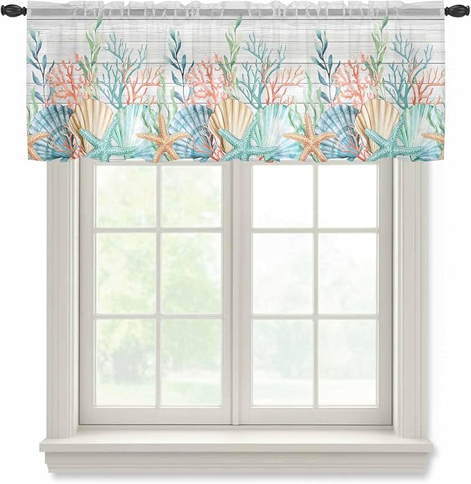 Summer Beach Sheer Valance Curtains, Ocean Colorful Coral Shell Seaweed Starfish Wood Grain Light Filtering Kitchen Valances Rod Pocket Voile Curtain Treatment for Bedroom/Living Room/Basement 54Wx18L