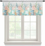 Summer Beach Sheer Valance Curtains, Ocean Colorful Coral Shell Seaweed Starfish Wood Grain Light Filtering Kitchen Valances Rod Pocket Voile Curtain Treatment for Bedroom/Living Room/Basement 60Wx18L