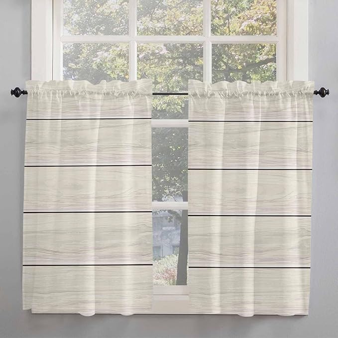 Vintage Country Wooden Board Window Valance Curtains, Gradient Wood Grain Line Light Filtering Kitchen Valance with 3-inch Rod Pocket for Living Room Bathroom Bedroom,2 Panel,52x54In