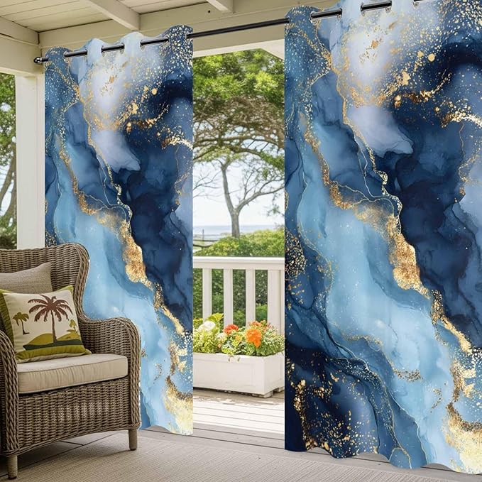 Marble Texture Outdoor Curtains for Patio Abstract Gradient Blue Golden Gorgeous Waterproof Outside Curtains with Grommet Top Weatherproof Curtain for Cabana Pergola Gazebo, 2 Pack, 54" W x 95" L