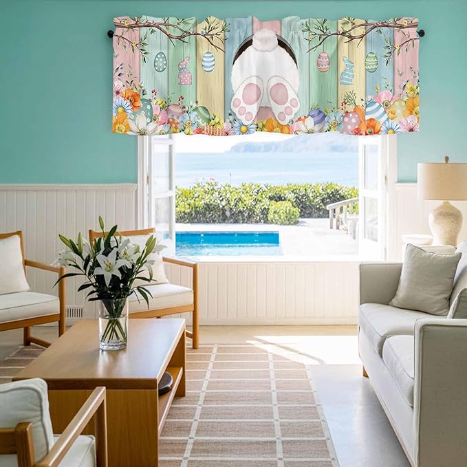 Easter Curtain Valances for Windows, Kitchen Valance Window Treatment, Spring Colorful Bunny Eggs Flower Wood Grain Light Filtering Block Curtains for Bathroom/Bedroom/Living Room 42'' x 18''