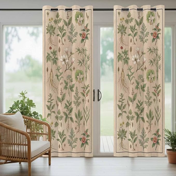 Vintage Outdoor Curtains for Patio Grass Herbal Botanical Garden Plants Waterproof Outside Curtains with Grommet Top Weatherproof Curtain for Cabana Pergola Gazebo, 2 Pack, 54" W x 84" L