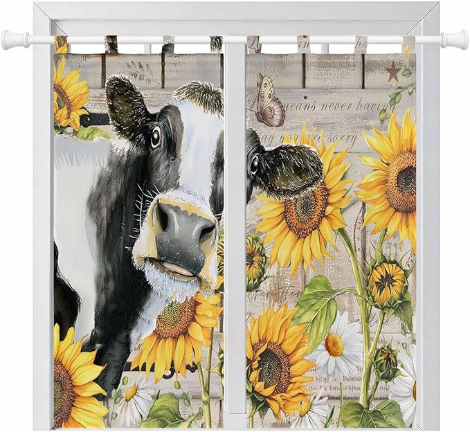 Yellow Sunflowers Bedroom Curtains 72 Inch Length, Window Curtains Tab Top, Farmhouse Cow Barn Doors Floral Butterfly Light Filtering Window Treatments Drapes 52"x72" 2 Panel
