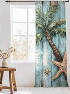 Sheer Curtains 84 Inches Long, Coastal Blue Green Tree Semi Sheer Curtains Light Filtering Window Treatment, Beach Tropical Vintage Wood Grain Privacy Voile Drapes for Living Room Bedroom 52x84 Inch