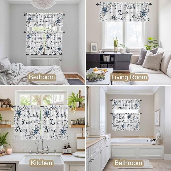 Farmhouse Kitchen Curtains Set 3 Piece for Windows,Rod Pocket Valance and Tier Set 36 Inch Length,Blue Country Texas Star Vintage Berries Wooden Light Filtering Cafe Curtains for Living Room