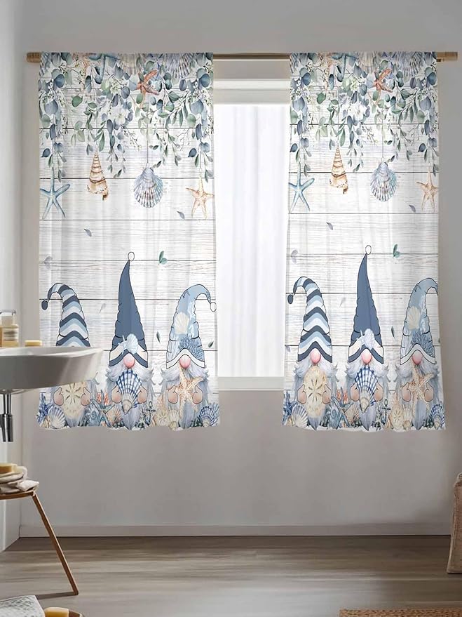 Sheer Curtains 72 Inches Long, Coastal Eucalyptus Leaf Semi Sheer Curtains Light Filtering Window Treatment, Ocean Blue Gnomes Starfish Wood Grain Privacy Voile Drapes for Living Room 52x72 Inch