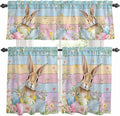 Kitchen Curtains Tiers and Valance Set of 3, Easter Light Filtering Window Curtain Set, Spring Rabbit Eggs Floral Colorful Wooden Grain Rod Pocket Curtain Drapes for Cafe, Living Room, 24 Inches Tiers