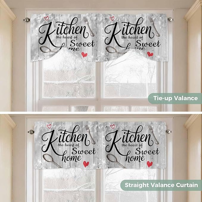 Kitchen Knife Fork Tie Up Valance Curtains for Windows, Kitchen Curtains Window Shades, Vintage Love Heart Grey Wood Grain Light Filtering Roman Curtain Valances for Bedroom/Bathroom/Cafe 42"x12"