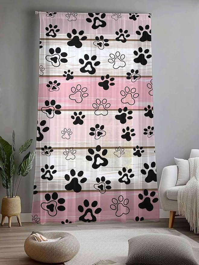 Sheer Curtains 84 Inches Long, Pink Beige Paw Print Semi Sheer Curtains Light Filtering Window Treatment, Vintage Farmhouse Country Wooden Grain Privacy Voile Drapes for Living Room Bedroom 52x84 Inch