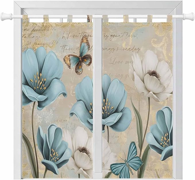 Spring Flowers Bathroom Curtains 63 Inch Length, Window Curtains Tab Top, Vintage Rustic Tulips Floral Butterfly Khaki Light Filtering Window Treatments Drapes 52"x63" 2 Panel
