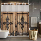 Wood Barn Door No Hook Shower Curtain with Snap in Liner Set, Waterproof Shower Curtains for Bathroom, Wooden Plank Fabric Shower Curtain, See Through Mesh Top Window, 66" W x 72" L