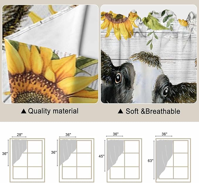 Retro Farmhouse Floral Swag Valances for Windows, Yellow Sunflowers Cows Butterfly Wood Rod Pocket Kitchen Curtains Valance, Small Window Curtains Swag for Cafe Living Room, 2 Panels, 36x36 inch