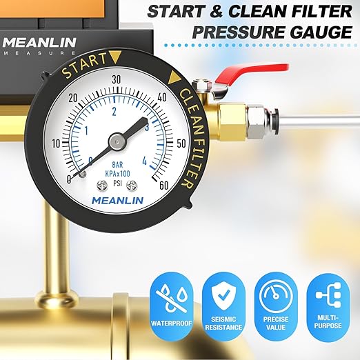 MEANLIN MEASURE 0~60Psi 1/4" NPT Start and Clean Filter Pressure Gauge, Suitable for Swimming Pool, Spa, Aquarium, Center Back Mount(Pack of 2), with 1/2" NPT and 3/8" NPT Hex Bushing
