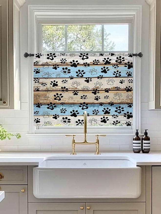 Sheer Curtains 54 Inch Length, Blue Brown Paw Prints Semi Sheer Curtains Light Filtering Window Treatment, Vintage Farmhouse Rustic Wooden Grain Privacy Voile Drapes for Living Room Bedroom 52x54 Inch