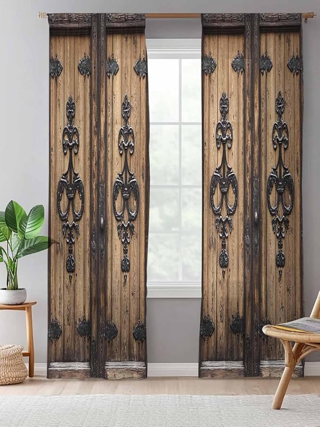 Sheer Curtains 84 Inches Long, Barn Door Semi Sheer Curtains Light Filtering Window Treatment, Farmhouse Wooden Grain Rustic Tribal Pattern Privacy Voile Drapes for Living Room Bedroom 52x84 Inch