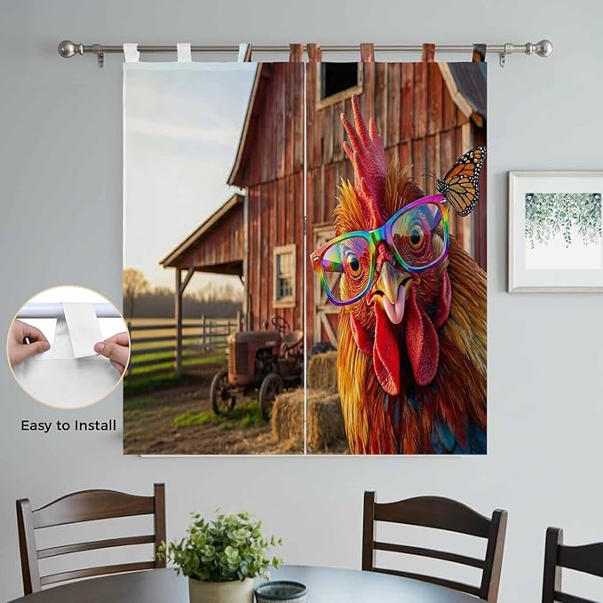 Farm Rooster Bathroom Curtains 63 Inch Length, Window Curtains Tab Top, Farmhouse Barn Funny Animals Butterfly Light Filtering Window Treatments Drapes 52"x63" 2 Panel