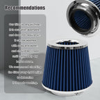 RYANSTAR RACING 89mm 3.5" High Flow Round Tapered Cone Cool Air Filter Cleaner with Top Filter Design Short 150mm tall Blue