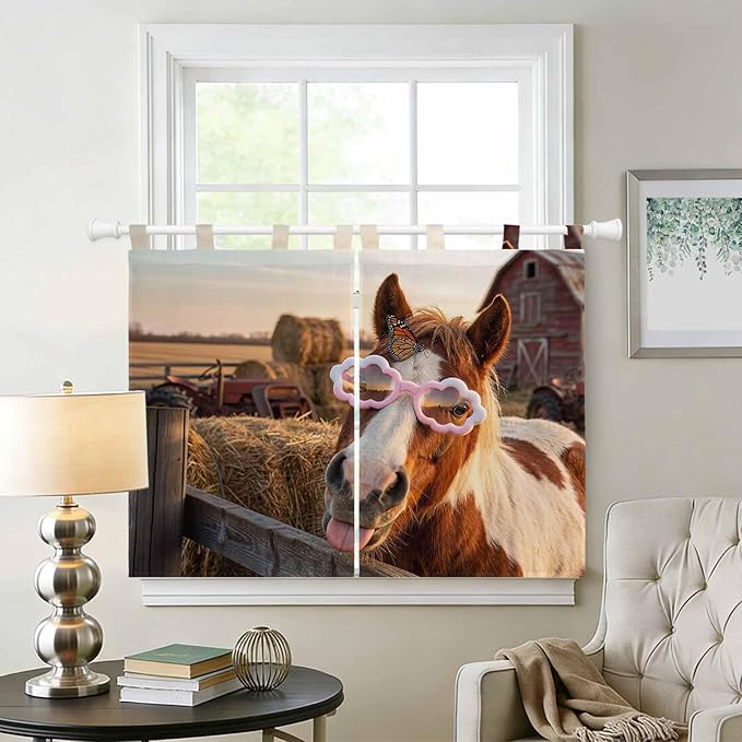 Farm Horses Bedroom Curtains 63 Inch Length, Window Curtains Tab Top, Farmhouse Barn Funny Animals Butterfly Light Filtering Window Treatments Drapes 42"x63" 2 Panel