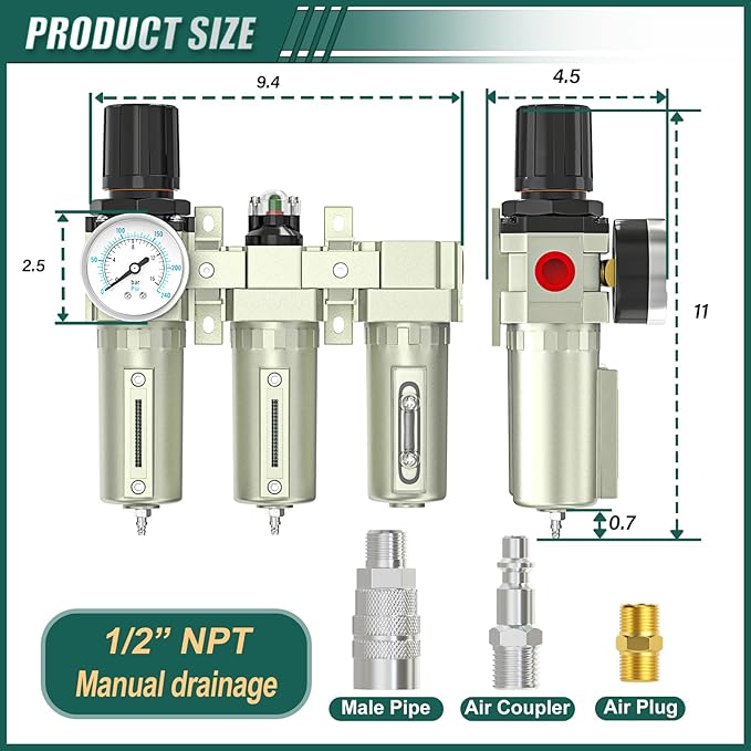 3 Stage Heavy Duty Industrial Grade 1/2" NPT Air Drying System with Coalescing Filter, Particulate Filter, Desiccant Dryer & Air Regulator, Manual Drain for Plasma Cutter and Paint Spray