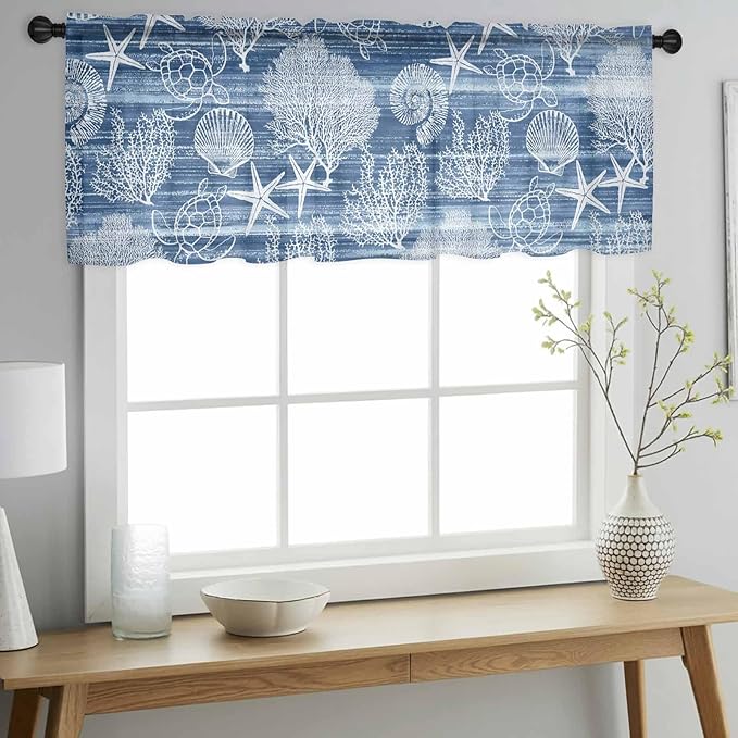 Navy Blue Retro Summer Sheer Valance Curtains, Sea Turtle Starfish Coral Ocean Light Filtering Kitchen Valances Rod Pocket Voile Curtain Window Treatment for Bedroom/Living Room/Basement 60Wx18L