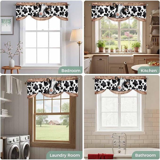 Cow Printed Tie Up Valance Curtains for Windows, Kitchen Curtains Window Shades, Farmhouse Watercolor Country Wooden Grain Light Filtering Roman Curtain Valances for Bedroom/Bathroom/Cafe 60"x18"