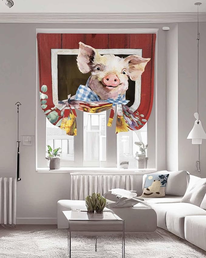 Tie Up Curtains for Windows, Pig Sunflowers Adjustable Balloon Nature Linen Textured Kitchen Curtain, Eucalyptus Leaves Floral Bees Red Barn Tie Up Light Filtering Curtains for Decor, 34 x 45 In