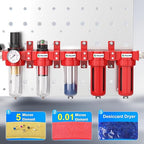 TAILONZ PNEUMATIC 0-150PSI 3/8 Inch NPT Red Industrial Grade 5 Stage Air Drying System, Particulate Filter, Coalescing Filter, Three Desiccant Dryer and Air Regulator (Manual Drainage)
