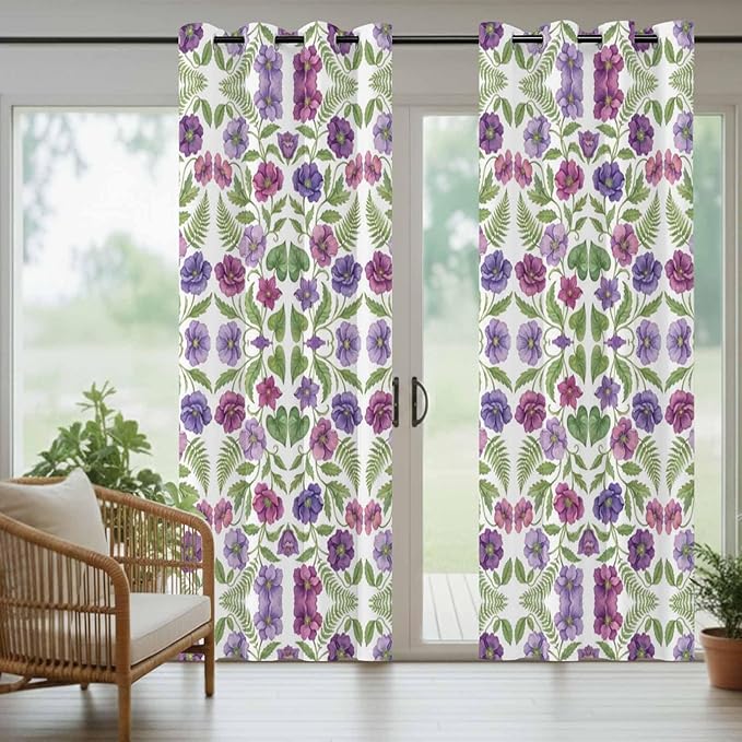 Flowers Outdoor Curtains for Patio Summer Floral Pastoral Farmhouse Plant Waterproof Outside Curtains with Grommet Top Weatherproof Curtain for Cabana Pergola Gazebo, 1 Panel, 54" W x 84" L