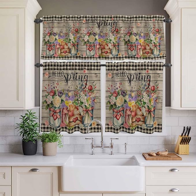 Spring Flowers Kitchen Curtain Set, Farmhouse Vintage Black Plaid Wood Grain Window Valance and Tiers 36" Length, Light Filtering Short Curtains Valance for Cafe Bathroom Bedroom 54"x18"