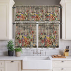 Spring Flowers Kitchen Curtain Set, Farmhouse Vintage Black Plaid Wood Grain Window Valance and Tiers 36" Length, Light Filtering Short Curtains Valance for Cafe Bathroom Bedroom 54"x18"