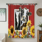 Cows Sunflowers Living Room Curtains 96 Inch Length, Window Curtains Tab Top, Spring Botanical Floral Bees Red Barn Light Filtering Window Treatments Drapes 52"x96" 2 Panel
