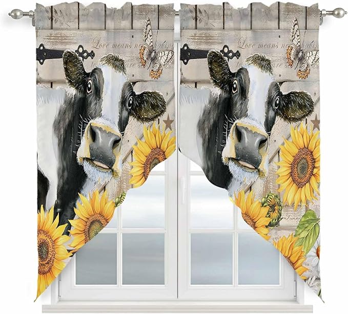 Yellow Sunflowers Swag Valances for Windows, Farmhouse Cow Barn Doors Floral Butterfly Rod Pocket Kitchen Curtains Valance, Kitchen Window Curtains Swag for Cafe Living Room, 2 Panels, 36x63 inch