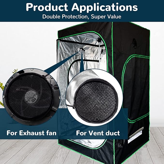 2Pcs 6 Inch Grow Tent Vent Cover Filter, Duct Filter Net with Elastic Band and Fixed Buckled, Black Mesh Screen Shield for Exhaust Fan, Plant Growth, Tent Ventilation