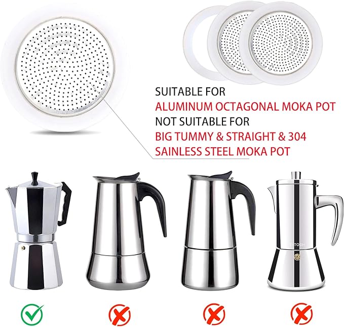 2 Pcs Filter with 3 Pcs Silicone Gasket Seals for 3 Cup Stovetop Espresso Coffee Maker Replacement Parts for DITOSH Aluminium Moka Pot