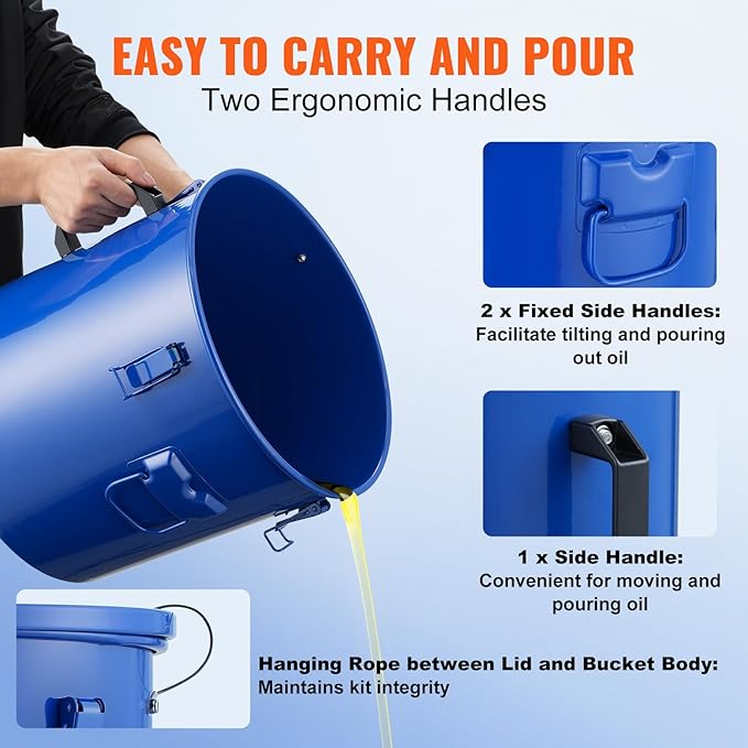 VEVOR Fryer Grease Bucket, 8 Gal Oil Disposal Caddy Carbon Steel Fryer Oil Bucket with Rust-Proof Coating, Oil Transport Container with Lid, Lock Clips, Filter Bag for Hot Cooking Oil Filtering