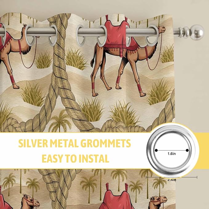 2 Panel Kitchen Cafe Curtains, Desert Camels Sunlight Filtering Nature Air Through, Home Decor Window Covering Tier Curtains for Bedroom Living Room Tropical Palm Trees Sand Cords Brown