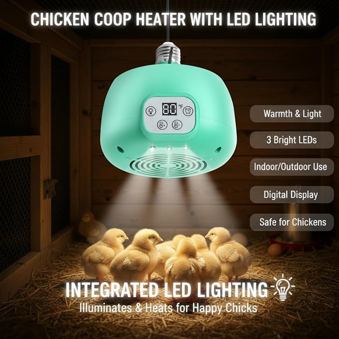 Enhon 1 Set Chicken Coop Heater, Timing Heat Lamp for Chickens, Smart Temperature Control Chicken Brooder Heater Greenhouse Warmer, 5 Ft Ultra Long Cable Reptile Heating Lamp for Chicks Duck Dog Cat