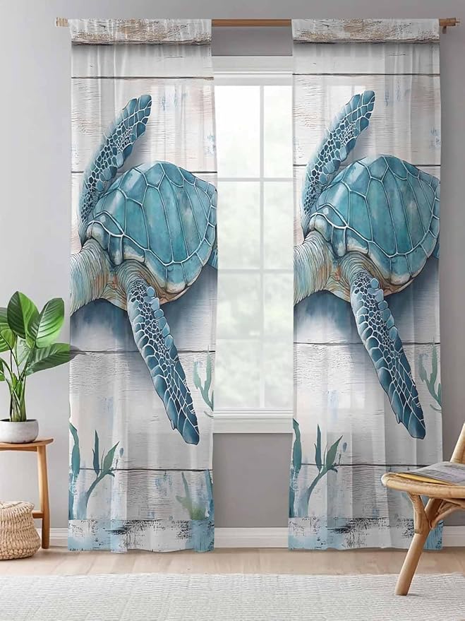 Sheer Curtains 108 Inches Long, Teal Green Sea Turtle Semi Sheer Curtains Light Filtering Window Treatment, Summer Ocean Seaweed Wood Grain Privacy Voile Drapes for Living Room Bedroom 52x108 Inch